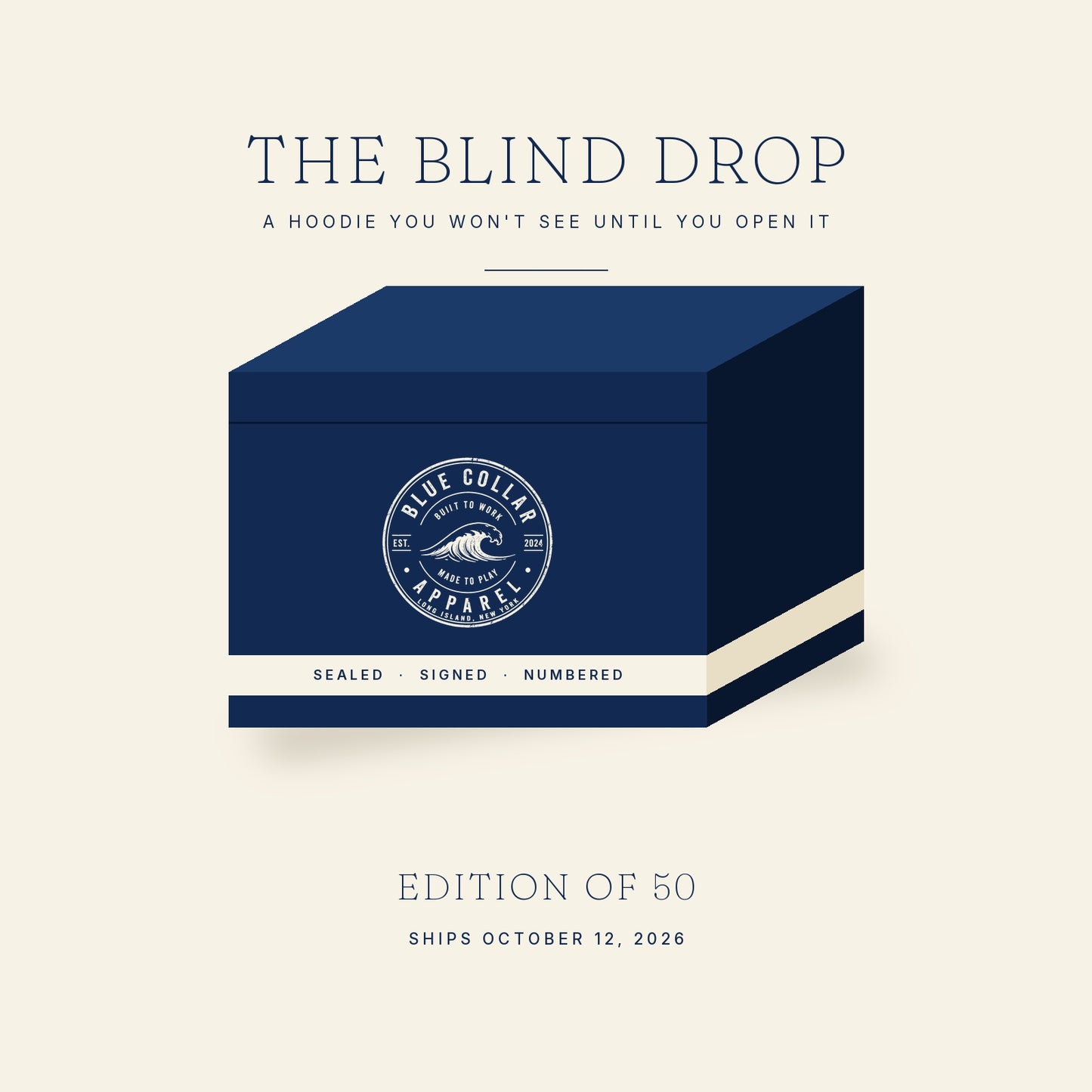 Sealed navy Blue Collar Apparel box for The Blind Drop, edition of 50
